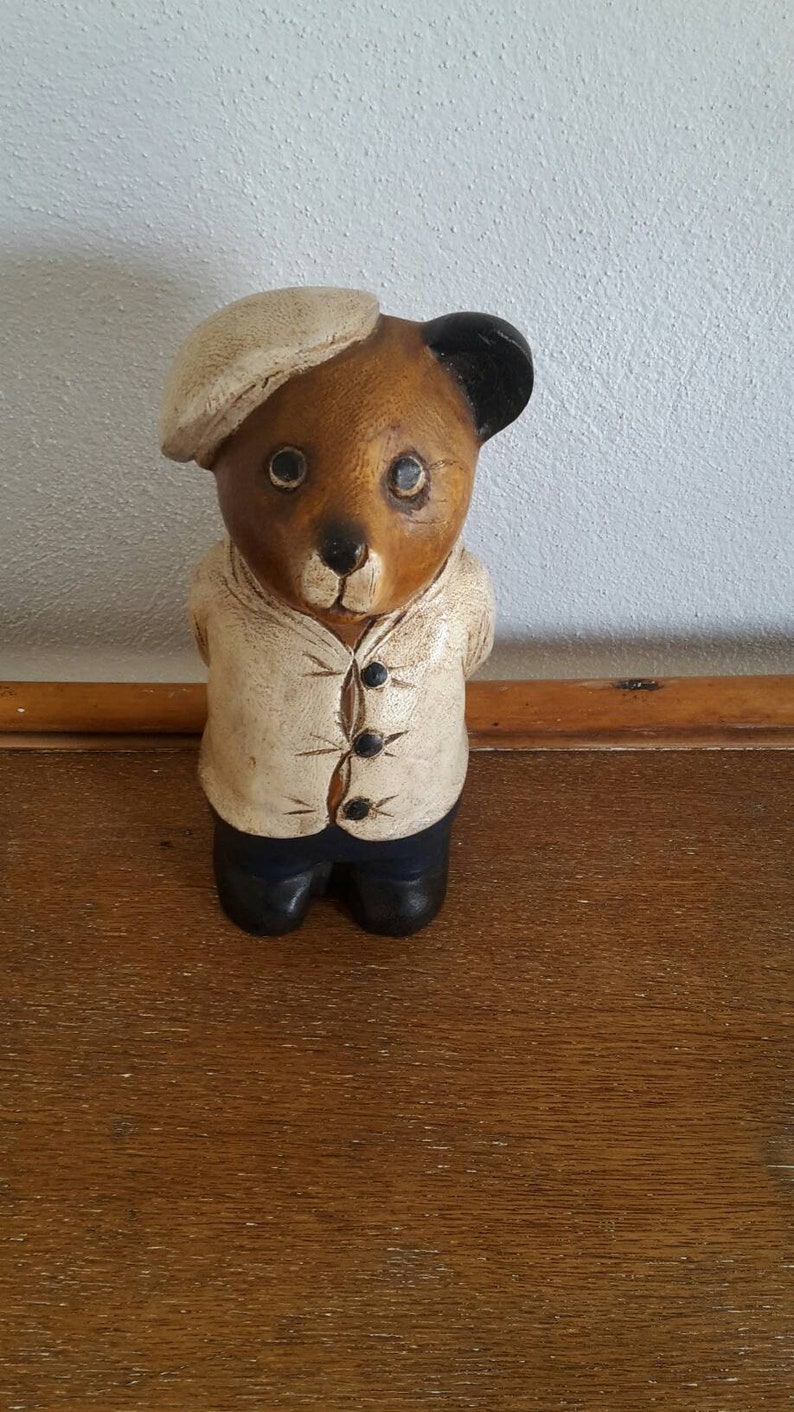 Vintage wooden bear figurine handcarved Handpainted naive bear sculpture Folk art bear Wooden saillor bear