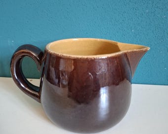 Antique Glazed Stoneware Creamer, Brown Terracotta Farmhouse Pot
