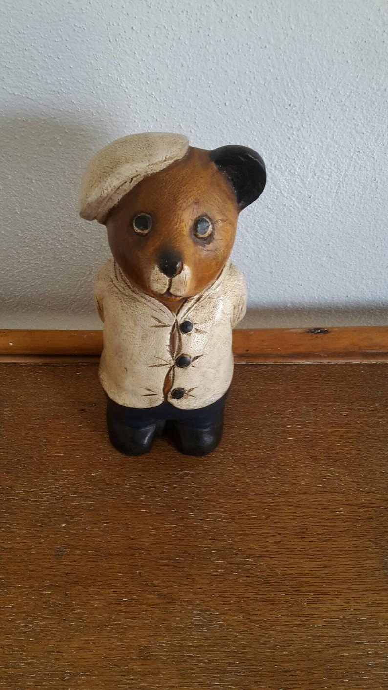 Vintage wooden bear figurine handcarved Handpainted naive bear sculpture Folk art bear Wooden saillor bear