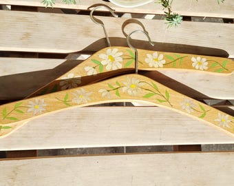 Floral hand painted clothes hangers set of 2, vintage wooden wardrobe hangers
