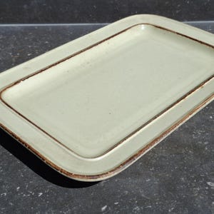 以下が含まれることがあります： 長方形の、薄緑色のセラミック製サービングプラッター。縁が盛り上がり、茶色の縁が施されています。表面は滑らかです。サイズは約30cmの長さと20cmの幅で、食品の提供に適しています。