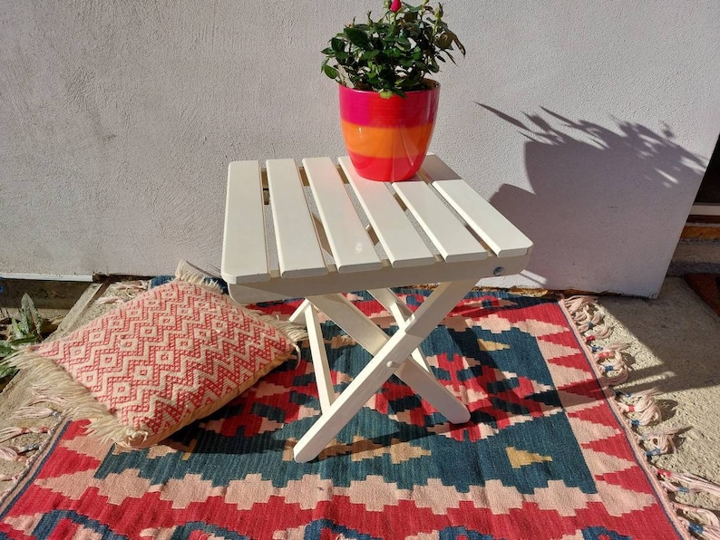 Patio small table mcm, garden potting table, outdoor coffee table, retro white balcony table, picnic folding table image 1