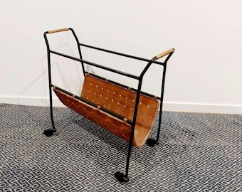 Mcm magazine rack large / wicker and cast iron rack / very rare large industrial newspaper rack on wheels