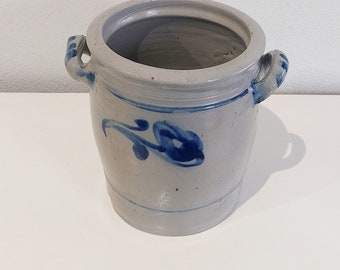 Antique confit pot salt glazed, large antique stoneware pot / container, cobalt blue confit pot, west german  handled confit pot