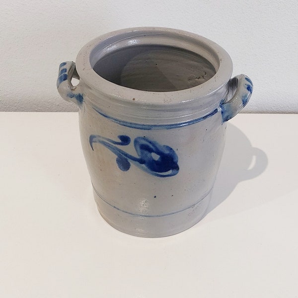 Antique confit pot salt glazed, large antique stoneware pot / container, cobalt blue confit pot, west german  handled confit pot