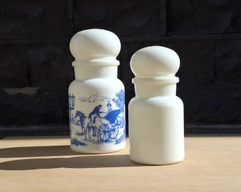 Apothecary white milk glass containers two,  made in Belgium
