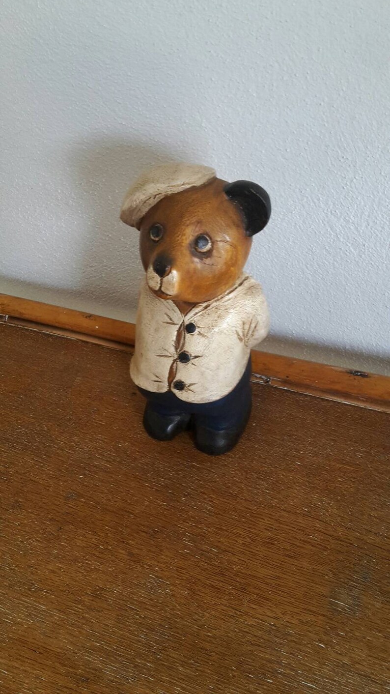 Vintage wooden bear figurine handcarved Handpainted naive bear sculpture Folk art bear Wooden saillor bear
