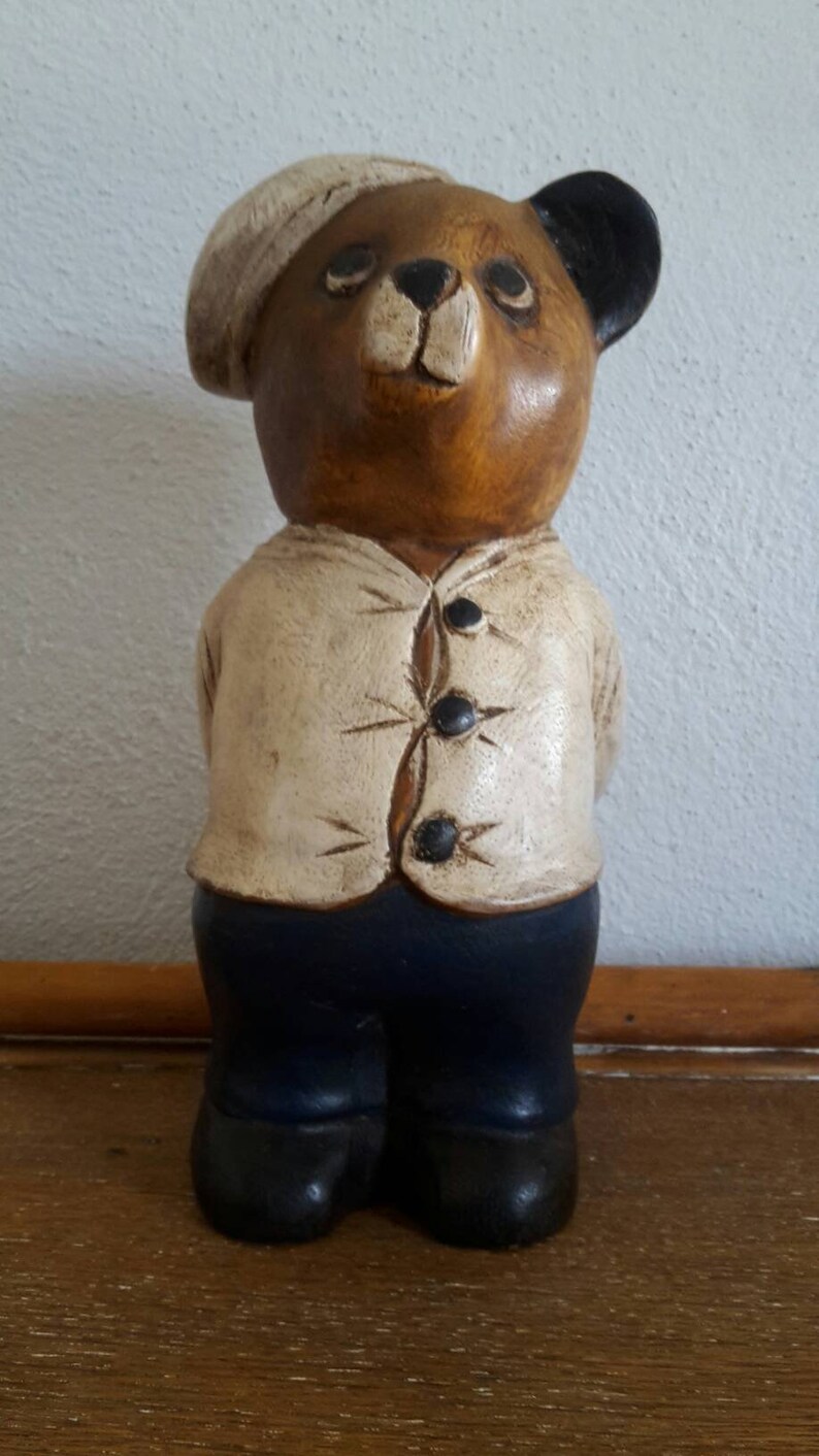 Vintage wooden bear figurine handcarved Handpainted naive bear sculpture Folk art bear Wooden saillor bear