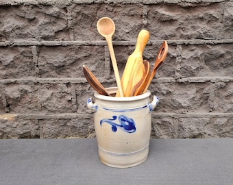 Antique confit pot salt glazed, large antique stoneware pot / container, cobalt blue confit pot, west german  handled confit pot