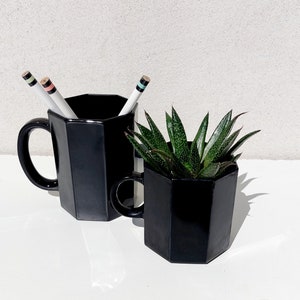 Arcoroc black mugs pair / black mini plant pots pair /  octagonal French mugs / mini plant pots / mcm accent mini plant pots