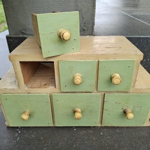 Primitive countertop drawers cabinet /  spice rack / apothecary cabinet, folk art spice rack with drawers, antique farmhouse rack
