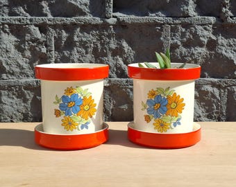 Two mcm ceramic planters with saucer | vintage colorful orange ceramic pots