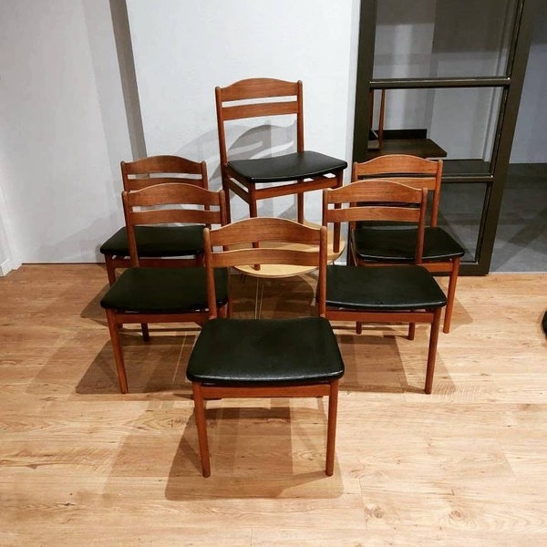1 of 6 teak dinning chairs, Mcm teak chairs, Black teak chairs, G Plan style chairs