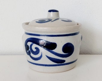 Antique confit pot salt glazed / stoneware sugar jar / container / cobalt blue lidded confit pot / west german sauerkraut jar small