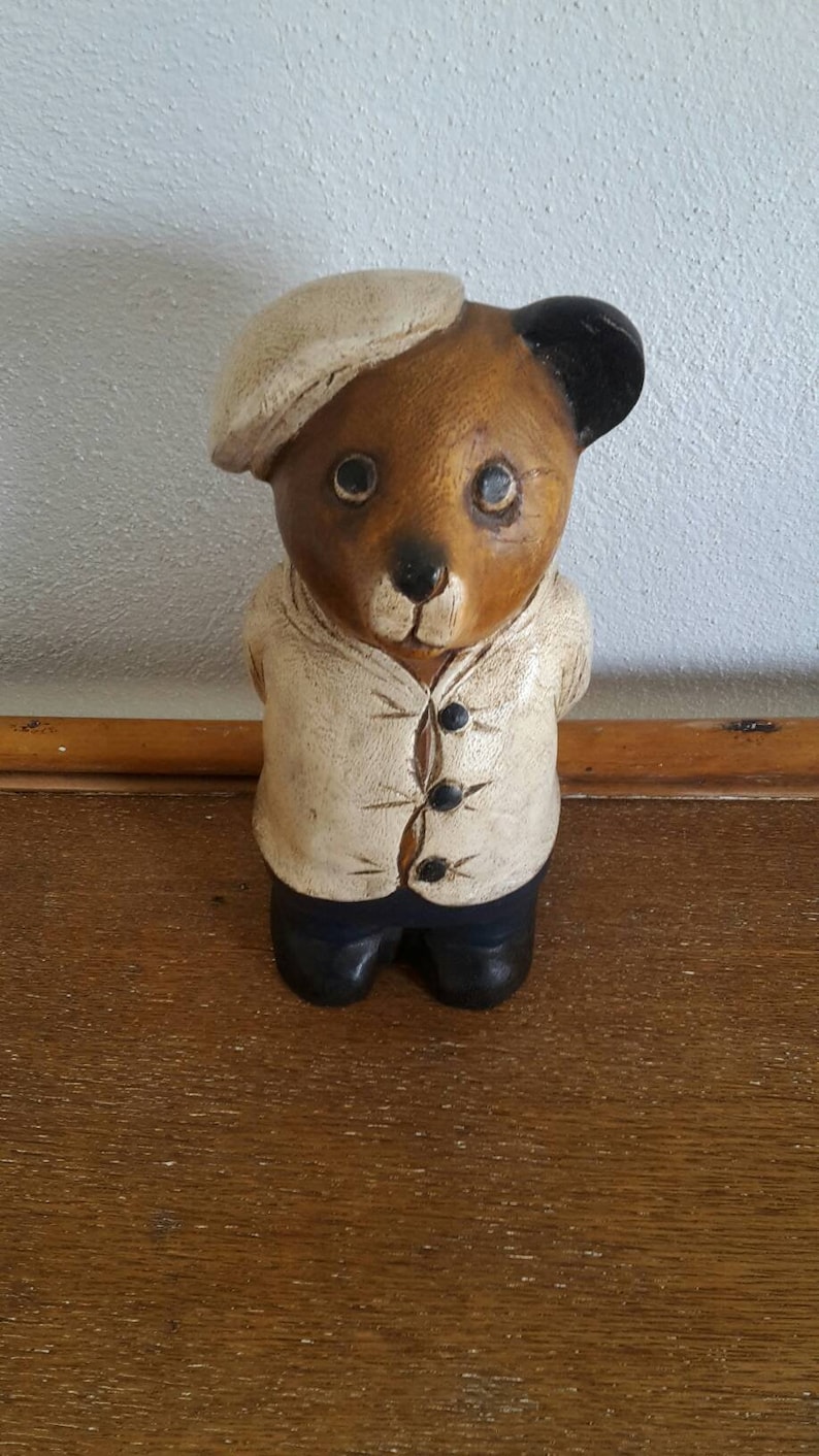 Vintage wooden bear figurine handcarved Handpainted naive bear sculpture Folk art bear Wooden saillor bear