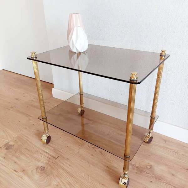 Gold side table / nightstand, brass and glass bedside table, Hollywood Regency nightstand, glass side table