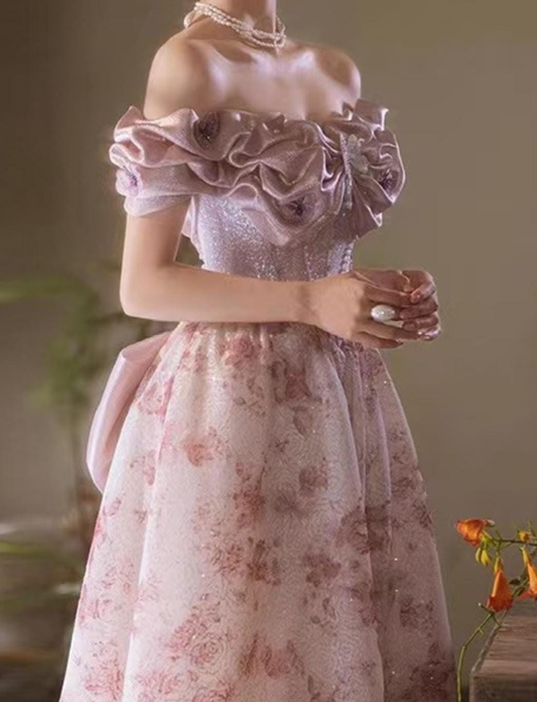 Pink Off Shoulder Tulle A-Line Prom Dresses