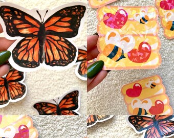 Pollinators Sticker | handmade monarch butterfly or beehive sticker | waterproof holographic vinyl stationery