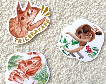 Jurassic Illustration Stickers | T-Rex, Mastodon, and Triceratops watercolor art | waterproof vinyl stationery