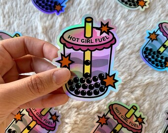 Hot Girl Fuel Boba Sticker | handmade gaming cute bubble tea sticker | waterproof holographic vinyl stationery