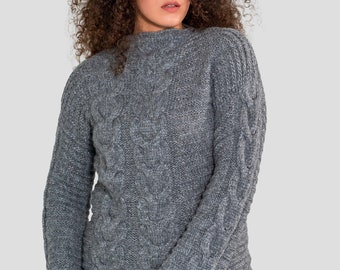 Alpaca Hand Knit Sweater, Dark Grey Pullover, Cable Knit Sweater, Wool Sweater, Knitted Sweater, Women's Pullover, Hand Knitted Jumper