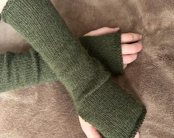 Scaldamuscoli in alpaca verde muschio, scaldamuscoli in lana, guanti senza dita, scaldamuscoli senza dita, muffole di lana senza dita, scaldapolsi lunghi.