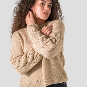 Handgebreide trui | Gebreide trui | Boho-trui |  Trui van alpacamohair | Wollen trui | Glanzende trui | Beige trui