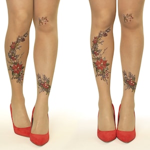 Tattoo Tights/Pantyhose with Winter Blooms, sizes S-XL