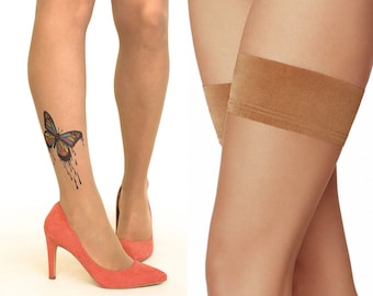 May include: A pair of sheer nude stockings with a colorful butterfly tattoo design on one leg. The stockings have a brown garter belt.
