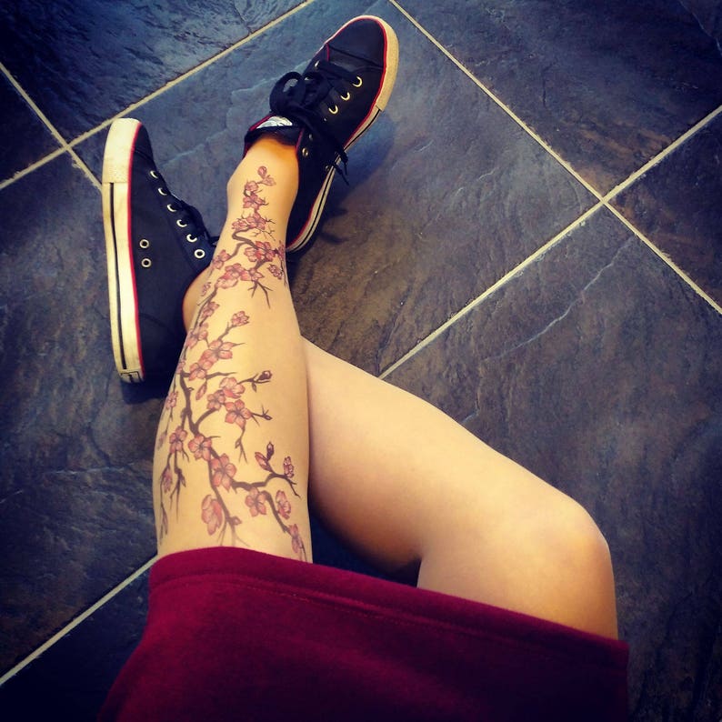 Tattoo Tights/Pantyhose with Cherry Blossoms, sizes S-XL image 3