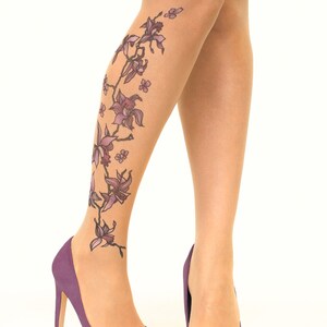 Collants/collants de tatouage avec vigne d'orchidées violettes, tailles S-XL image 3