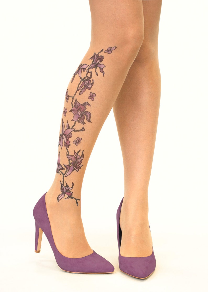 Collants/collants de tatouage avec vigne d'orchidées violettes, tailles S-XL image 3