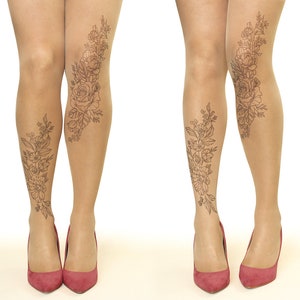 Tattoo Tights/Pantyhose with Vintage Floral, sizes S-XL