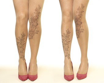 Tattoo Tights/Pantyhose with Vintage Floral, sizes S-XL