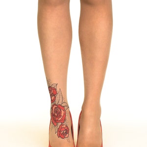 Tattoo Tights/Pantyhose with Lace Roses, sizes S-XL image 3