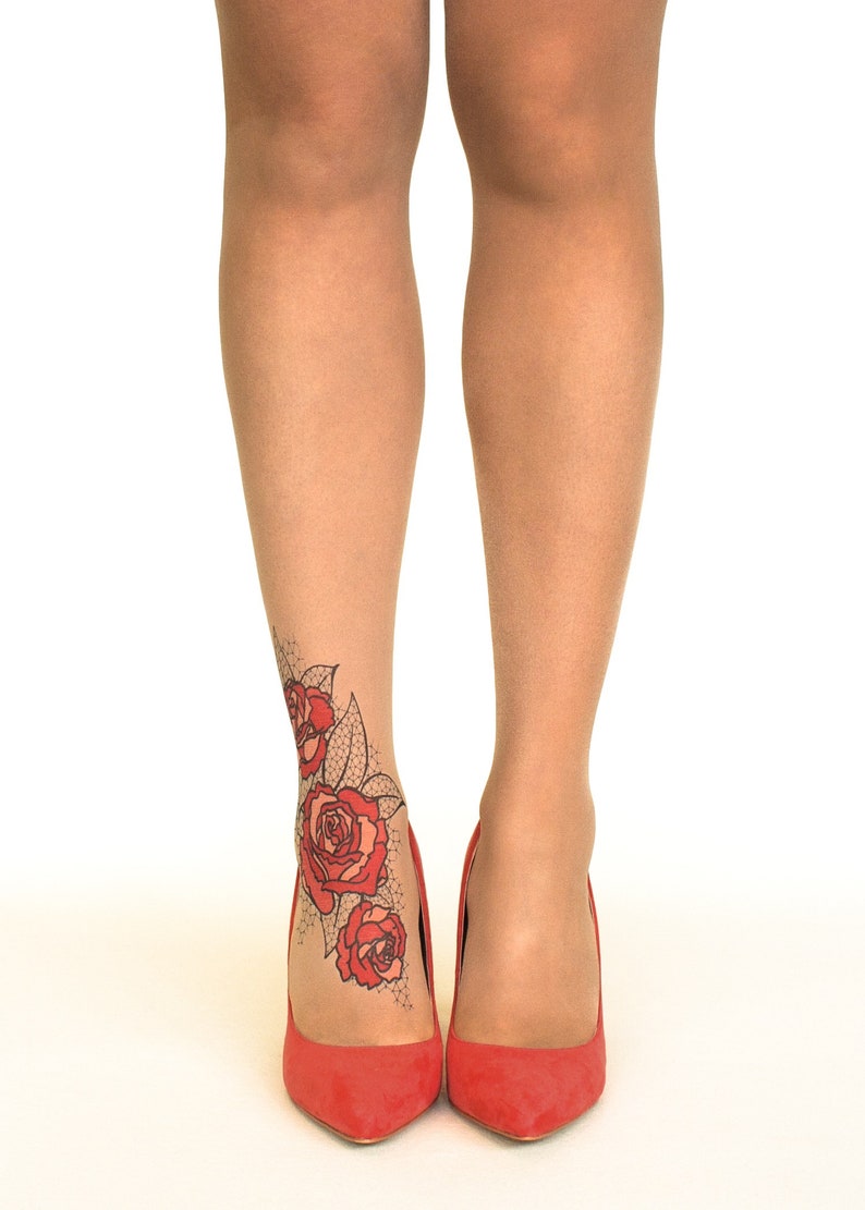 Tattoo Tights/Pantyhose with Lace Roses, sizes S-XL image 3