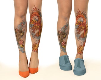 Tattoo Tights/Pantyhose with Koi Fish & Dragon, sizes S-XL