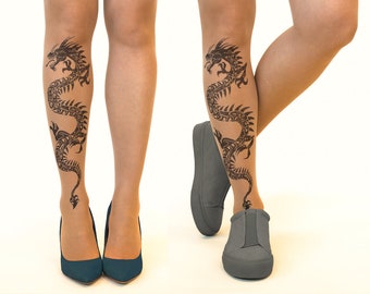 Tattoo Tights/Pantyhose with Black Tribal Dragon, sizes S-XL