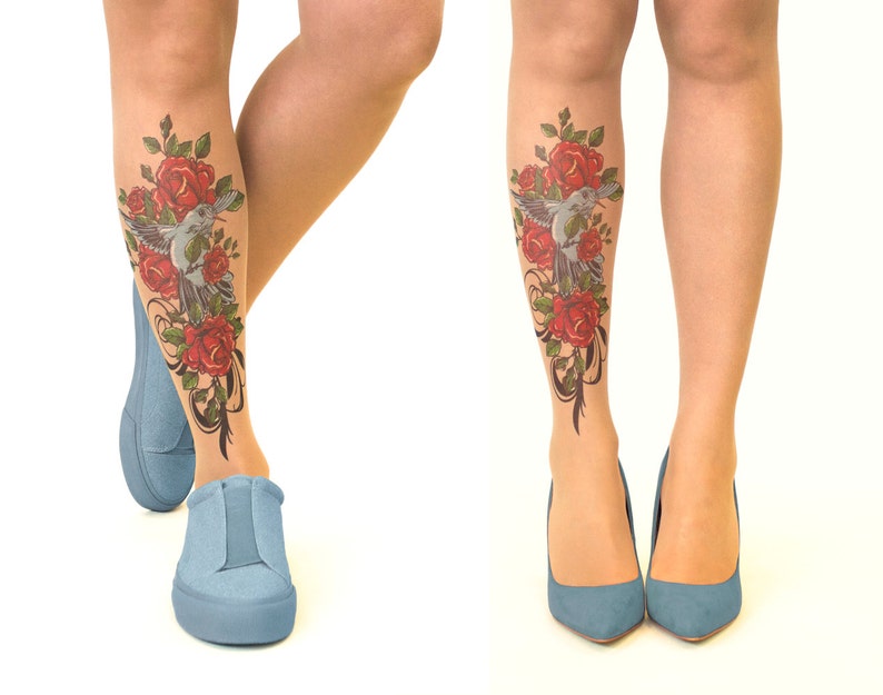 sizes S-XL Tattoo TightsPantyhose with Bird N/' Roses