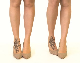 Tattoo Tights/Pantyhose with Shaded Rose, sizes S-XL