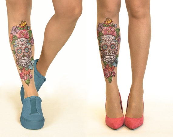 Tattoo Tights/pantyhose With Sugar Skull & Flowers Sizes S-XL - Etsy Tattoo Tights/pantyhose With Sugar Skull & Flowers Sizes S-XL - Etsy