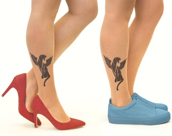Tattoo Tights/Pantyhose with Winged Panther, sizes S-XL