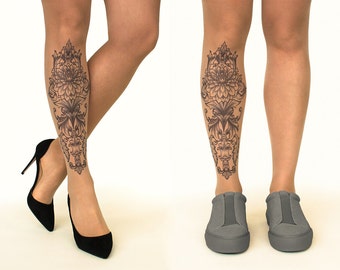 Tattoo Tights/Pantyhose with Royal Lotus, sizes S-XL