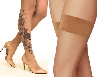 Tattoo Hold-Ups/Thigh Highs/Stockings with Branching Crow, size M/L