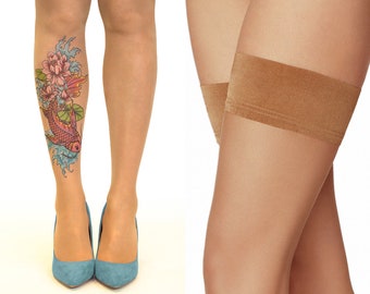 Tattoo Hold-Ups/Cuisse Highs/Bas avec Fish N' Flowers, taille S/M