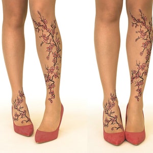 Tattoo Tights/Pantyhose with Cherry Blossoms, sizes S-XL image 1