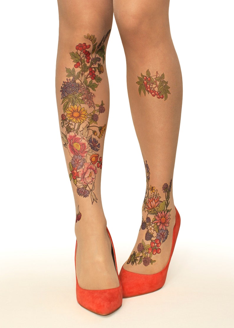 Tattoo Holdups/thigh Highs/stockings With Summer Garden Etsy
