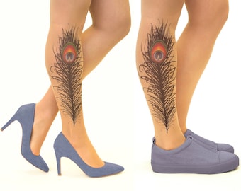 Tattoo Tights/Pantyhose with Peacock Feather, sizes S-XL