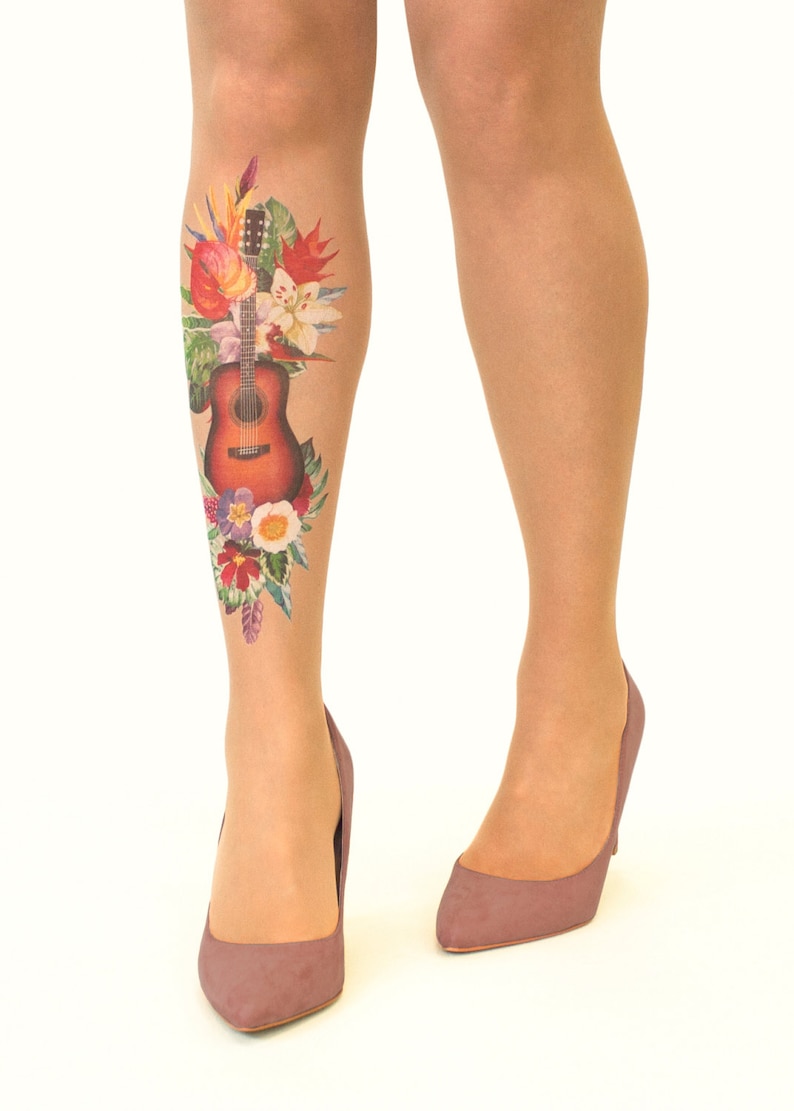 Tattoo Hold-UpsThigh HighsStockings with Tropical Guitar