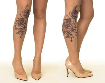 Collants/collants Tattoo avec jardin noir, tailles S-XL